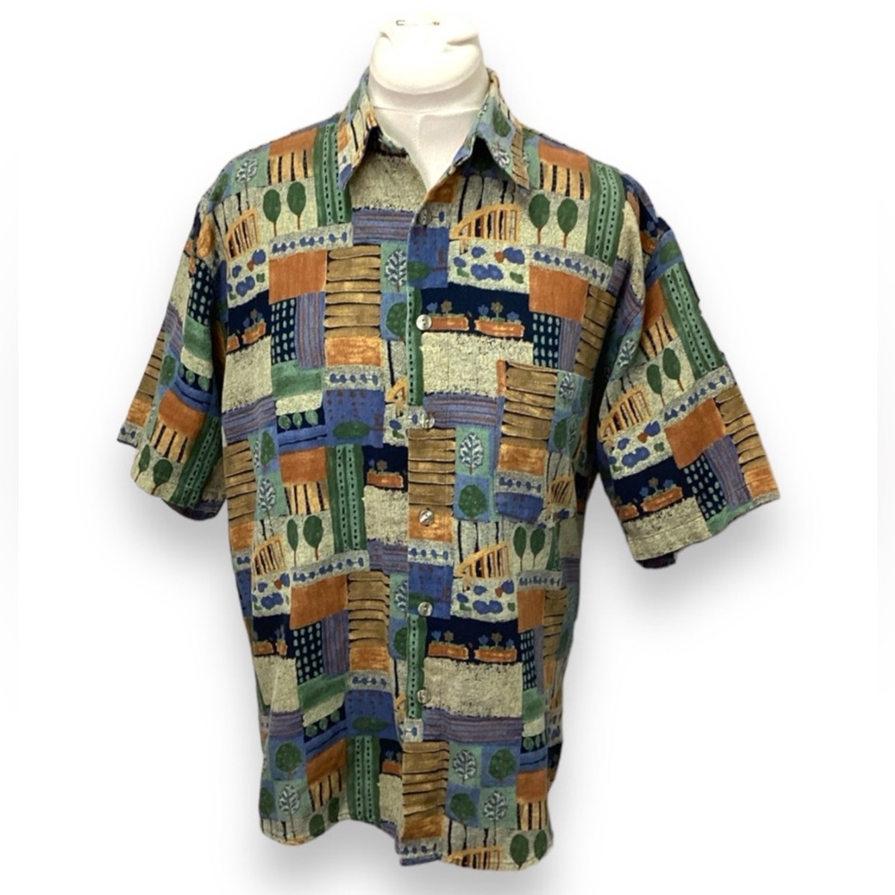 Casa Moda Men’s Short Sleeve Button Down Patchwork Floral Tapestry Shirt, sz M